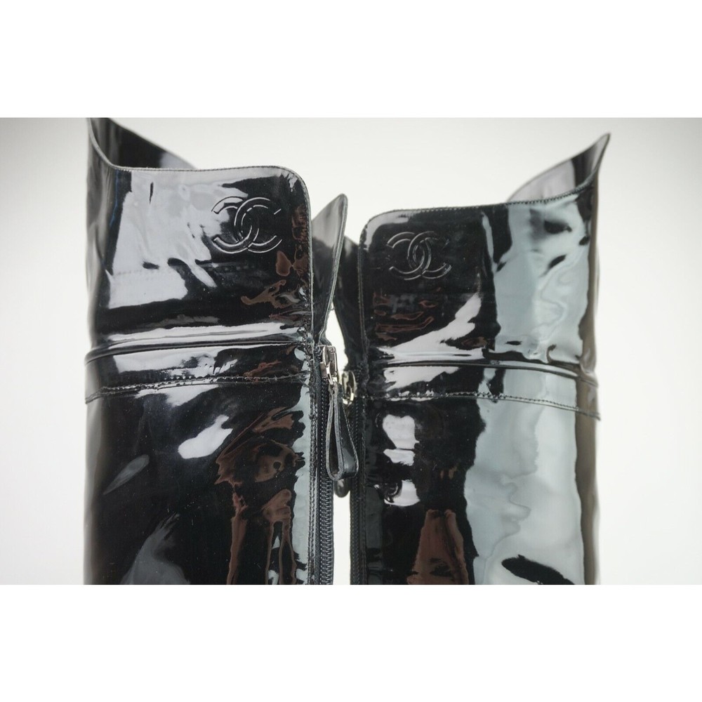 Chanel Women's Black Patent Leather Over The Knee CC Boots Size 36 - Picture 10 of 12